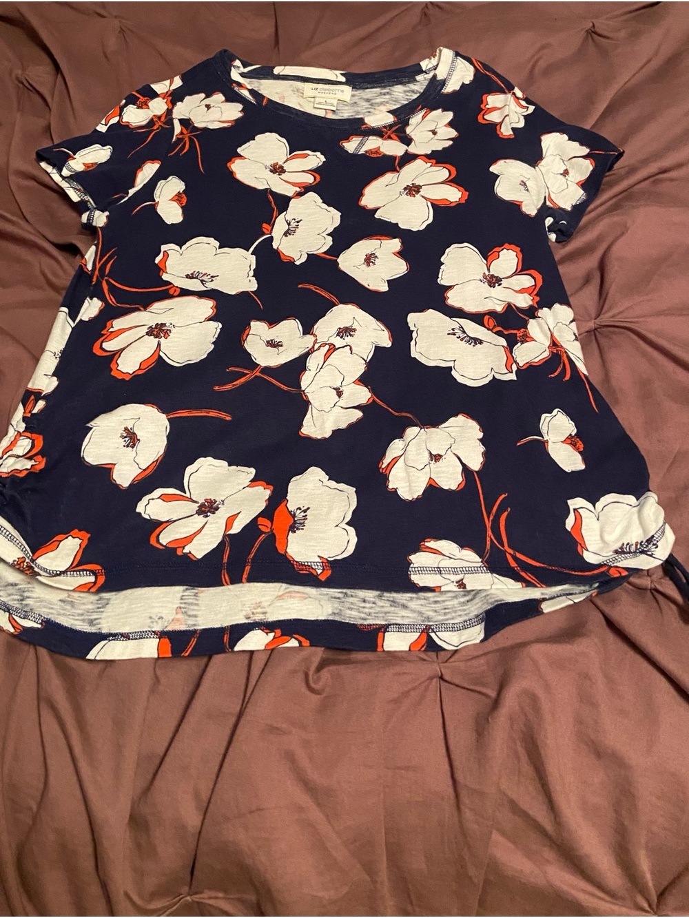 Liz Claiborne Navy Floral Short Sleeve Tee with White & Orange Blooms